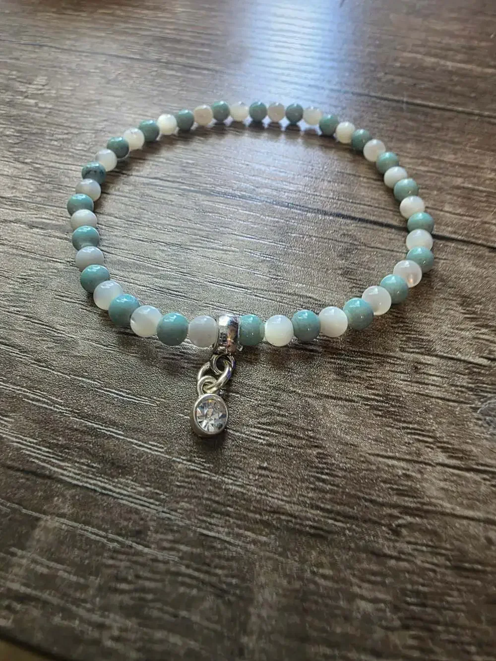 Amazonite and White Quartz Beaded Stretch Bracelet with Rhinestone Charm